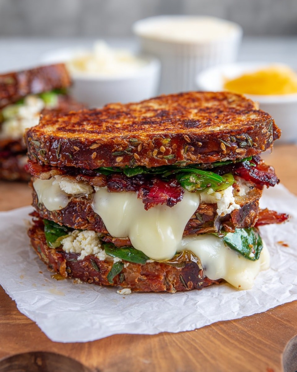A toasted sandwich with two thick, crunchy brown slices of bread on the top and bottom, showing seeds and grains. Inside, the first layer consists of melted white cheese that oozes out from the sides, followed by strips of dark reddish-brown bacon and green leafy vegetables. There is also a layer of crumbly, creamy white cheese near the top, all packed tightly together. In the background, there are blurred white bowls and a small yellow bowl on a white marbled surface. The sandwich rests on white parchment paper over a wooden base. Photo taken with an iphone --ar 4:5 --v 7