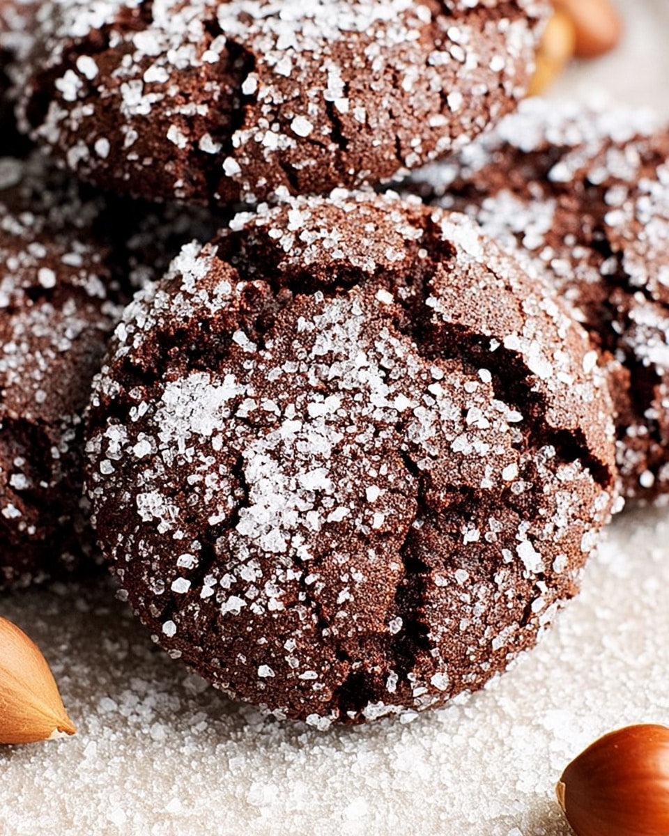 A close-up image of three dark brown cookies covered in large, white sugar crystals. The cookies have a rough texture with deep cracks on the surface, showcasing their soft inside. They are placed on a light-colored surface, and in the lower right corner, there is a brown whole nut. The overall look highlights the contrast between the dark cookie dough and the sparkling sugar topping. photo taken with an iphone --ar 4:5 --v 7