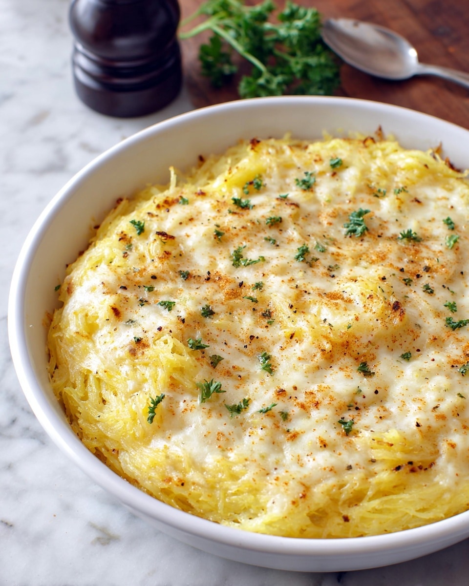 A white ceramic round dish filled with a creamy, cheesy baked pasta that appears to be spaghetti squash; the dish has one thick layer of soft, golden-yellow spaghetti squash strands mixed with smooth, melted white cheese evenly spread on top, sprinkled with small specks of black pepper and light orange seasoning, all resting on a white marbled surface with sprigs of parsley and a pepper grinder blurred in the background, photo taken with an iphone --ar 4:5 --v 7