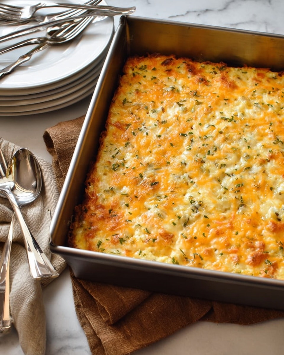 A square silver baking pan filled with a thick, golden-yellow casserole topped with melted cheese in mixed shades of light yellow and orange, speckled lightly with small green herb pieces spread evenly across the surface, giving it a slightly bubbly, textured look. The pan sits on a brown cloth on top of a white marbled surface, next to a stack of white plates with a silver fork and spoon crossed on top and two silver forks resting beside the pan. A beige cloth is seen folded in the background. photo taken with an iphone --ar 4:5 --v 7