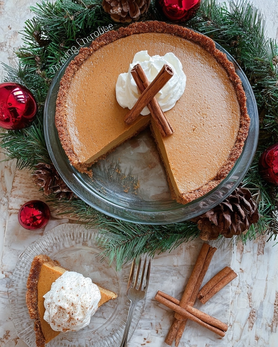 A round pumpkin pie with a smooth, light brown top and a crumbly, darker brown crust sits on a clear glass plate. The pie has one slice cut out, showing its dense, creamy orange-brown filling inside. Two cinnamon sticks are crossed and placed on top in the center. Around the plate is a wreath made of green pine needles, brown pine cones, and shiny red ornaments. Nearby, a smaller clear glass plate holds the cut slice topped with a large dollop of white whipped cream sprinkled with cinnamon, placed next to a silver fork resting on two more cinnamon sticks on a white marbled texture surface. Photo taken with an iphone --ar 4:5 --v 7