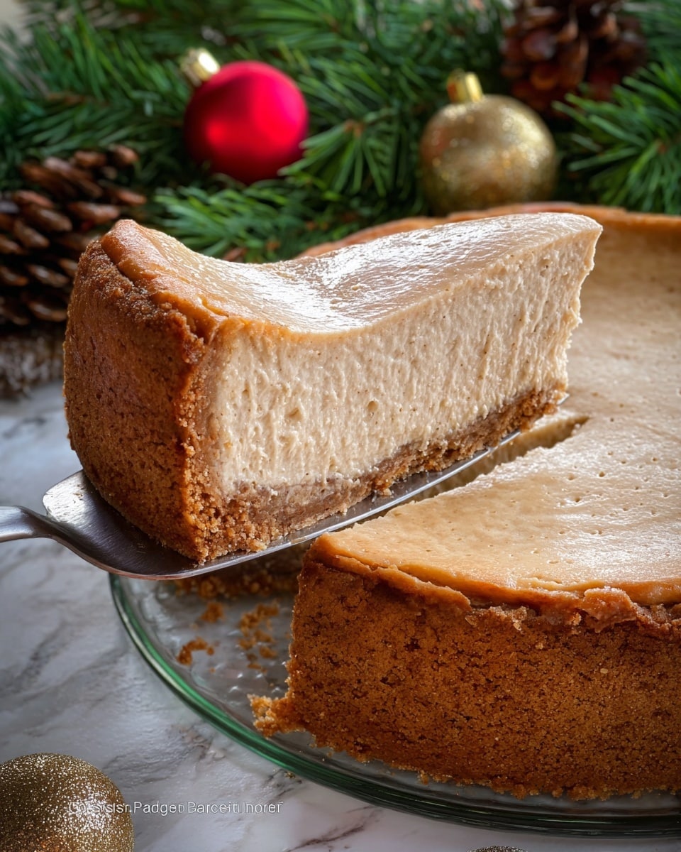 A thick slice of cheesecake is being lifted on a silver serving spatula from a whole cheesecake sitting on a clear glass plate. The cheesecake has two layers: a thick, golden brown crumbly crust on the bottom and a creamy, light tan, smooth textured filling on top. The crust looks firm and slightly rough, while the filling appears soft with a lightly browned top surface that is smooth and slightly glossy. The background has green pine branches and pine cones, accented with red and gold Christmas ornaments, all on a white marbled surface. photo taken with an iphone --ar 4:5 --v 7