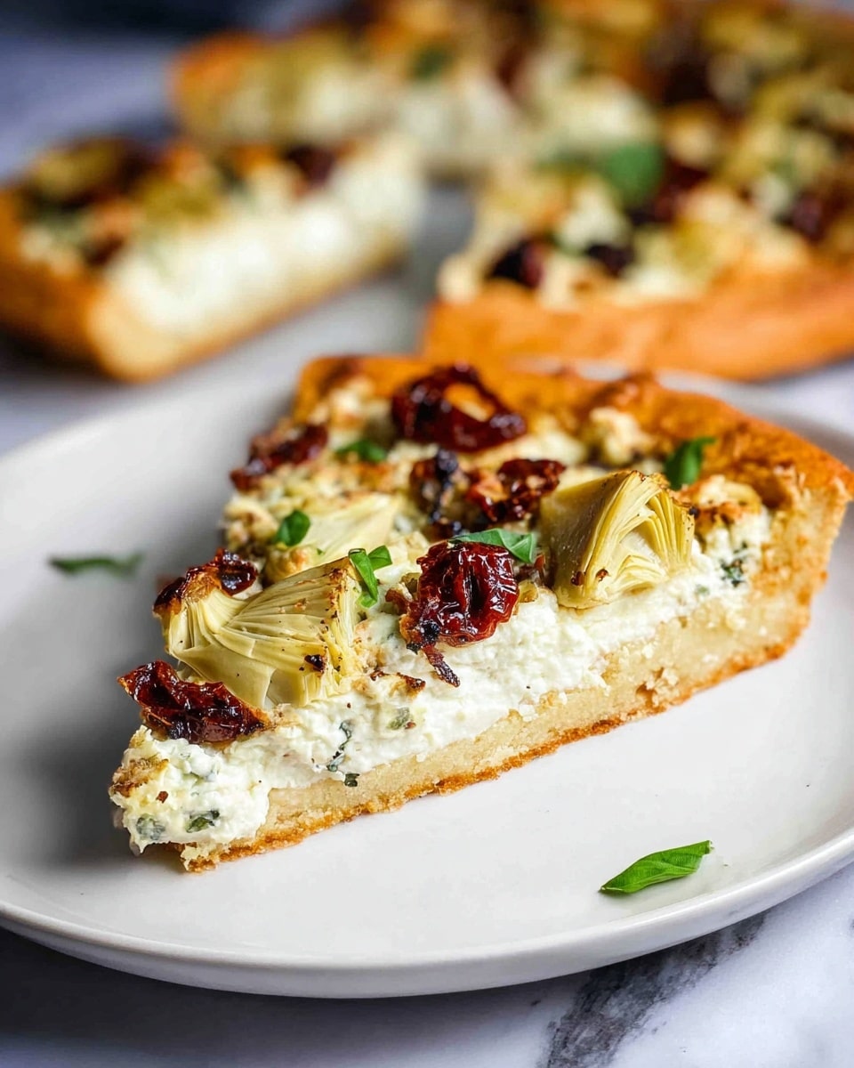 A slice of pizza is placed on a white plate with a smooth texture. The pizza has three main layers: a golden-brown crust on the bottom, a creamy white cheese layer in the middle that looks soft and slightly melted, and on top, there are artichoke hearts with pale green shades, dark roasted sun-dried tomatoes with a deep reddish-brown color, and small fresh green basil leaves scattered around. The crust looks thick and crispy, while the cheese and toppings are spread evenly. The background shows more pizza slices, blurred with similar toppings, resting on a white marbled surface. photo taken with an iphone --ar 4:5 --v 7