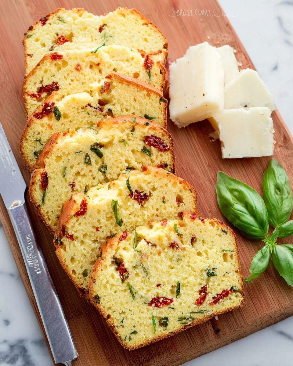 The image shows six slices of a moist, yellow-orange bread loaf with visible small pieces of red sun-dried tomatoes and green herbs inside. The bread slices have a slightly browned crust and a soft, porous texture. On the right side, there are three pieces of white cheese, stacked and slightly overlapping, accompanied by two fresh green basil leaves placed on top of a shiny silver knife resting on a wooden cutting board. The entire scene is set on a white marbled surface. photo taken with an iphone --ar 4:5 --v 7