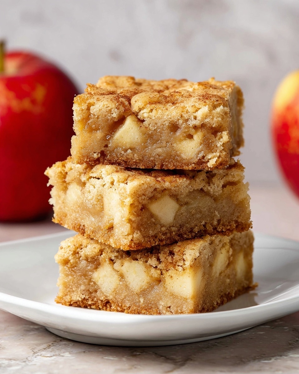 Three thick, square-shaped apple cake slices are stacked on a white plate with a smooth, slightly curved edge. Each slice has a light brown, crumbly texture with small chunks of apple visible inside. The top layer is golden brown with a lightly cracked surface. In the blurry background, there is a red apple with a hint of yellow near the stem, set against a white marbled texture. photo taken with an iphone --ar 4:5 --v 7