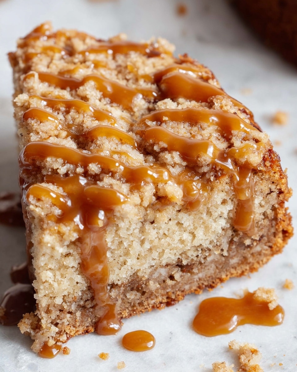 A single slice of crumb cake is shown with a rough textured, light golden crumb topping covering the top layer, sitting on a white marbled textured surface. The cake layer beneath is medium brown with a moist, dense texture. Thick caramel sauce with a shiny, smooth texture is drizzled unevenly over the crumb topping, dripping down the sides of the cake slice. Small crumbs and bits of cake are scattered around the slice. The photo taken with an iphone --ar 4:5 --v 7