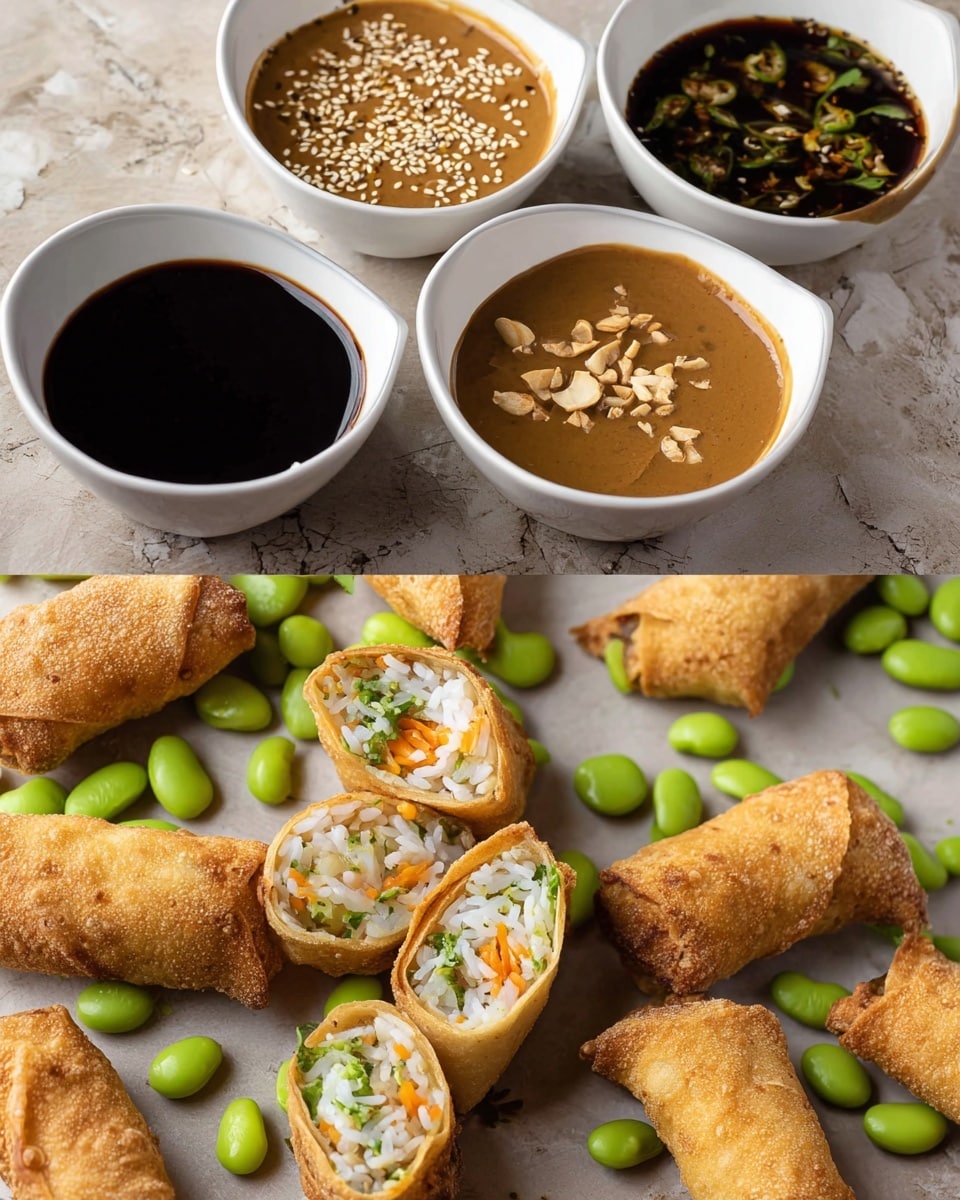 The image shows several fried spring rolls cut in half, exposing a layered filling of white rice, shredded orange carrot, and green herbs inside a light golden crispy crust. Scattered between the spring rolls are bright green edamame pods, some whole and some partially opened. Behind the spring rolls, three white small bowls hold different sauces; one is dark brown with sesame seeds on top, the second is a smooth light brown peanut sauce with small crunchy bits, and the third is a darker sauce with visible small green chili slices. All items are placed on a white marbled textured surface. photo taken with an iphone --ar 4:5 --v 7