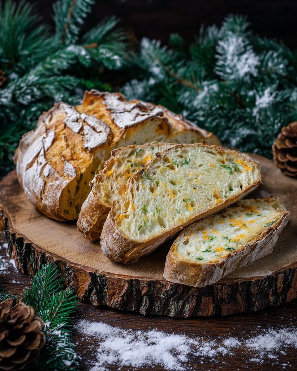 A rustic loaf of bread is cut into three thick slices and placed on a round wooden board with tree bark edges. The bread's crust is golden brown with a cracked texture dusted lightly with flour. The inside is soft and pale yellow with small green herb bits and orange cheese specks spread throughout the light, airy crumb. Surrounding the board, there are green pine branches and pinecones with some light snow-like dusting, creating a natural forest winter scene. The setting has a dark background contrasting the bread's warm tones and natural elements, all resting on a white marbled texture. photo taken with an iphone --ar 4:5 --v 7