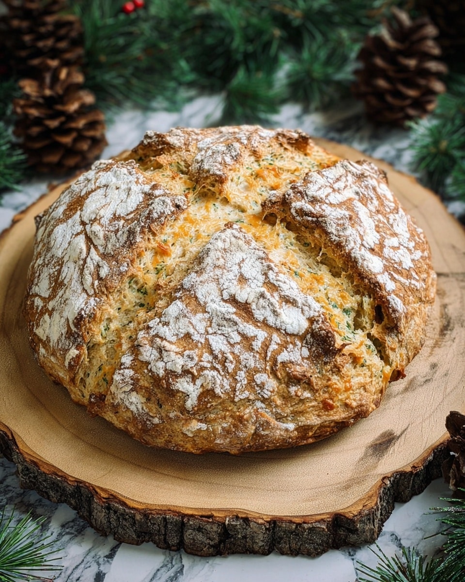A round, rustic loaf of bread sits on a wooden slice board with a rough bark edge. The bread has a thick, cracked crust dusted with white flour, showing a mix of golden brown and lighter beige colors. The surface is scored in a cross pattern, creating four large uneven sections. The interior visible in the cracks shows a soft texture with hints of green herbs and bits of orange cheese. Around the board, there are green pine branches and pinecones. The background is a white marbled texture. Photo taken with an iphone --ar 4:5 --v 7