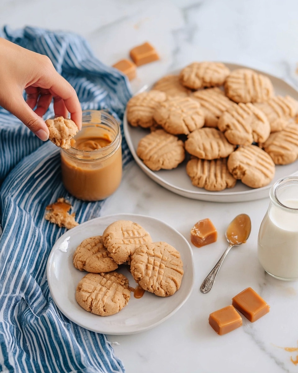A close-up image of soft, light brown cookies with fork-press marks on top, arranged in two groups on white plates; one plate in the foreground has three cookies and two caramel pieces, while the larger plate in the background holds many cookies being picked up by a woman's hand. Next to the plates are a glass jar of caramel sauce with a spoon inside, a small bottle of milk, and a blue and white striped cloth on a white marbled surface. The overall look is warm and inviting with a homey feel. photo taken with an iphone --ar 4:5 --v 7