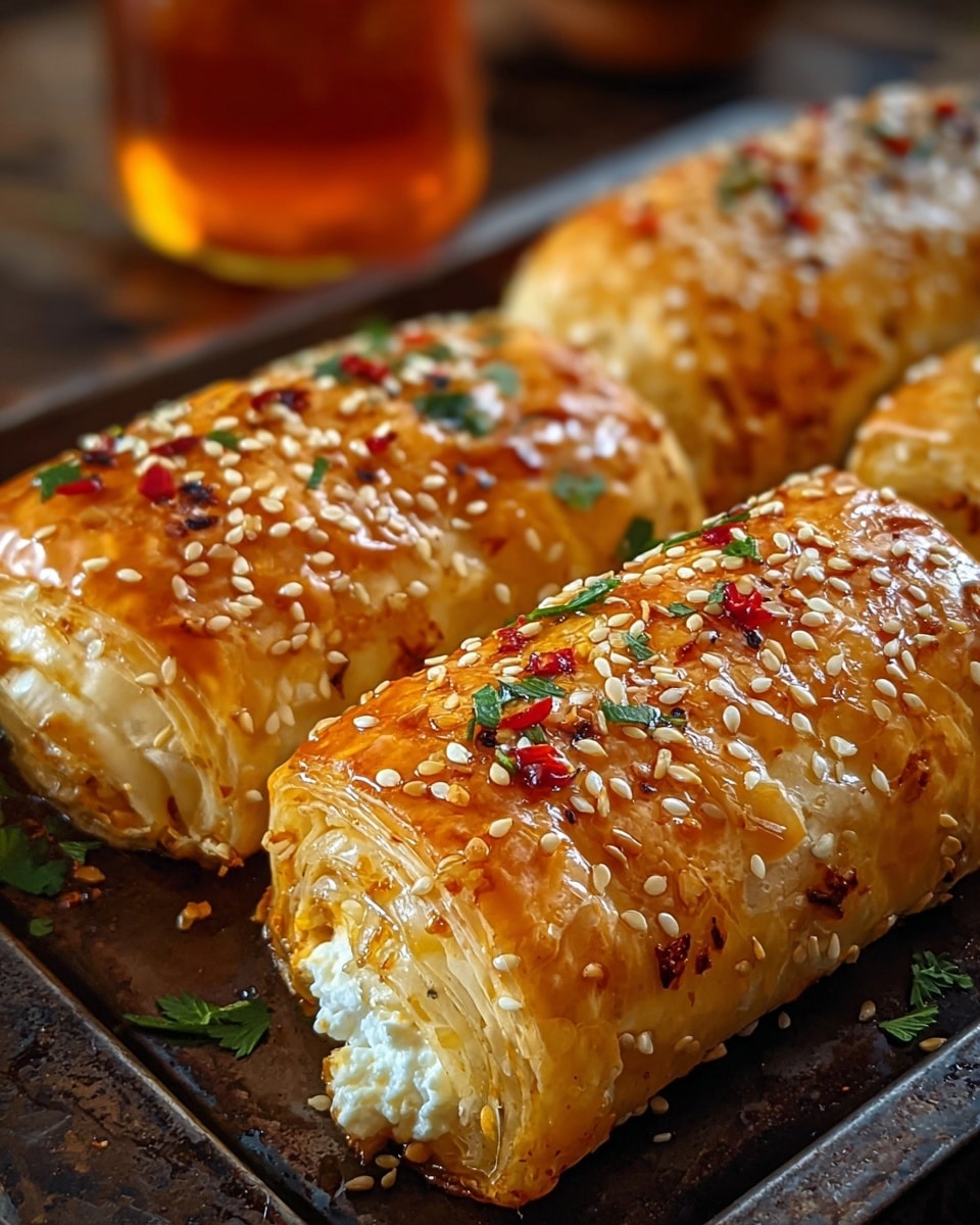 The image shows three golden brown pastry rolls placed side by side on a dark metal tray, each roll having around four visible thin, crispy layers of pastry with a shiny glaze on top. The outer layer is sprinkled with white sesame seeds, small red chili flakes, and some green herb pieces for color. The ends of the rolls reveal a soft, white, creamy filling inside, contrasting with the pastry’s crispy texture. The background is blurred but includes a glass jar with amber liquid. The overall look is warm and appetizing, with a shiny, textured surface and small colorful topping details. photo taken with an iphone --ar 4:5 --v 7