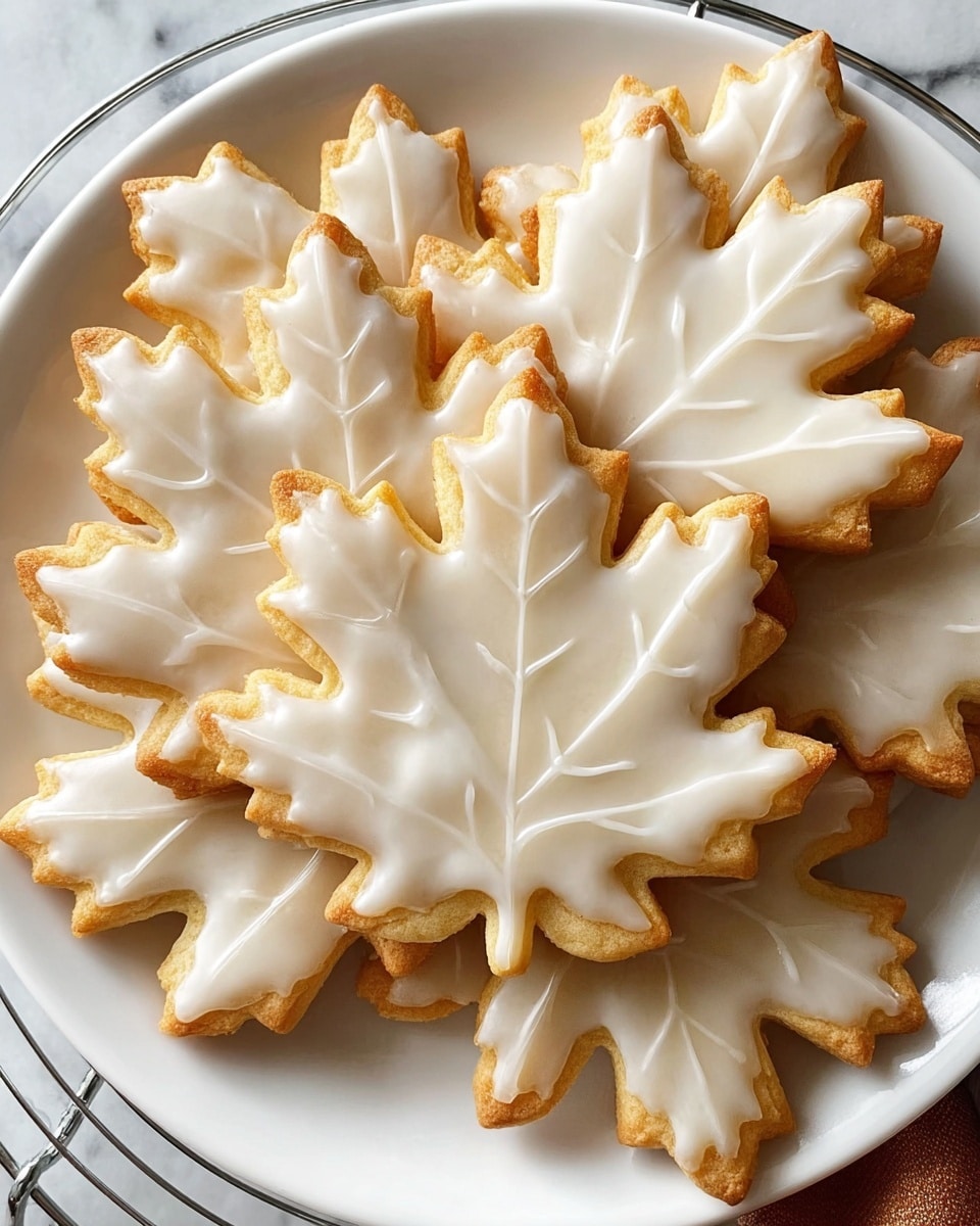 A white plate filled with several maple leaf-shaped cookies, each cookie topped with a smooth, shiny white icing that highlights the leaf veins and edges. The cookies have a light golden-brown baked color around the edges, contrasting softly with the creamy white icing on top. The plate is placed on a cooling rack, and the background is a white marbled texture. photo taken with an iphone --ar 4:5 --v 7