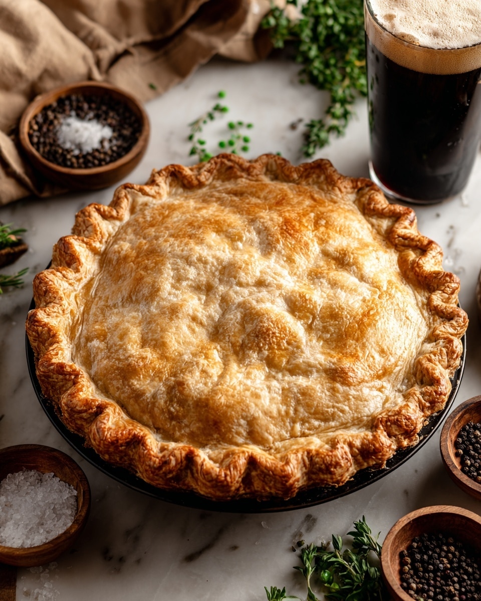 A golden brown pie with a flaky crust sits in a black pie dish. The crust has a textured surface with a slightly uneven yet inviting look, and the edges are crimped in a ruffled pattern all around, giving the pie a homey, fresh-baked feel. The pie is placed on a white marbled surface surrounded by small wooden bowls filled with black peppercorns and coarse salt, along with fresh green herbs scattered nearby. In the background, there is a tall glass of dark beer with a foamy head, creating a cozy, rustic atmosphere. photo taken with an iphone --ar 4:5 --v 7