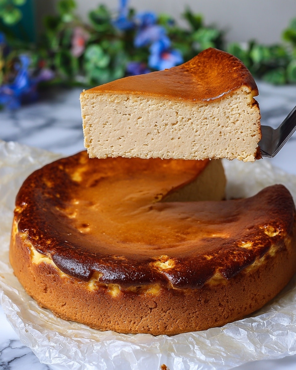 The image shows a rich, dense cheesecake with a smooth, light beige interior that has a slightly spongy texture. The top layer is a golden-brown, slightly darker crust that covers the entire cake. The sides are uneven with a glossy, browned, almost caramelized look, indicating the cheesecake was baked without a crust base. A large slice is being lifted by a spatula, showing the thick single layer with uniform texture inside. The cake rests on crinkled white baking paper on a white marbled surface with blurred green plants and blue flowers in the background. photo taken with an iphone --ar 4:5 --v 7