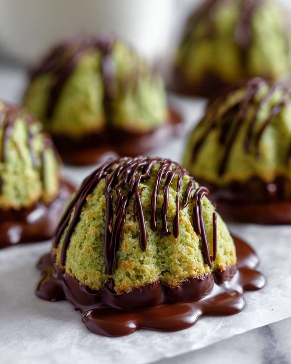 The image shows a close-up of a dome-shaped treat made up of a green, textured, slightly crumbly-looking layer. The base of the dome is dipped in dark brown melted chocolate, with the chocolate dripping down and pooling slightly around the bottom. Thin lines of chocolate are drizzled over the top of the dome in a loose, irregular pattern. In the background, there are several similar dome-shaped treats blurred out, placed on a white marbled surface covered with a white sheet. photo taken with an iphone --ar 4:5 --v 7