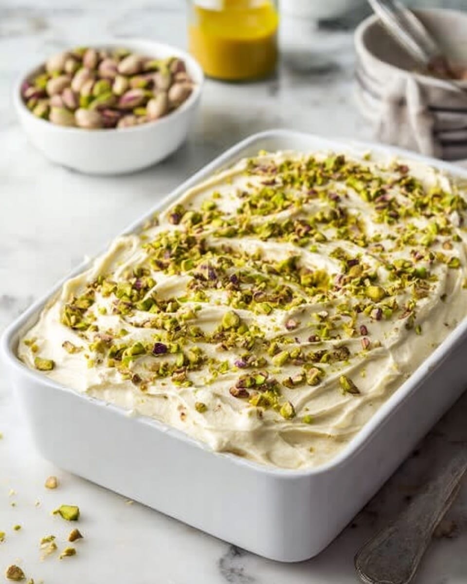 A square piece of moist, light brown cake sits on a small white plate with soft texture visible in the cake’s crumb. The cake is topped with a thick layer of smooth, pale yellow cream that drips down the sides generously. On top of the cream, there are small chunks of bright green pistachio nuts scattered, adding color and texture. In the background, a white baking dish and a bowl of pistachios rest on a white marbled surface, slightly out of focus. A silver spoon lies next to the plate, enhancing the scene. photo taken with an iphone --ar 4:5 --v 7