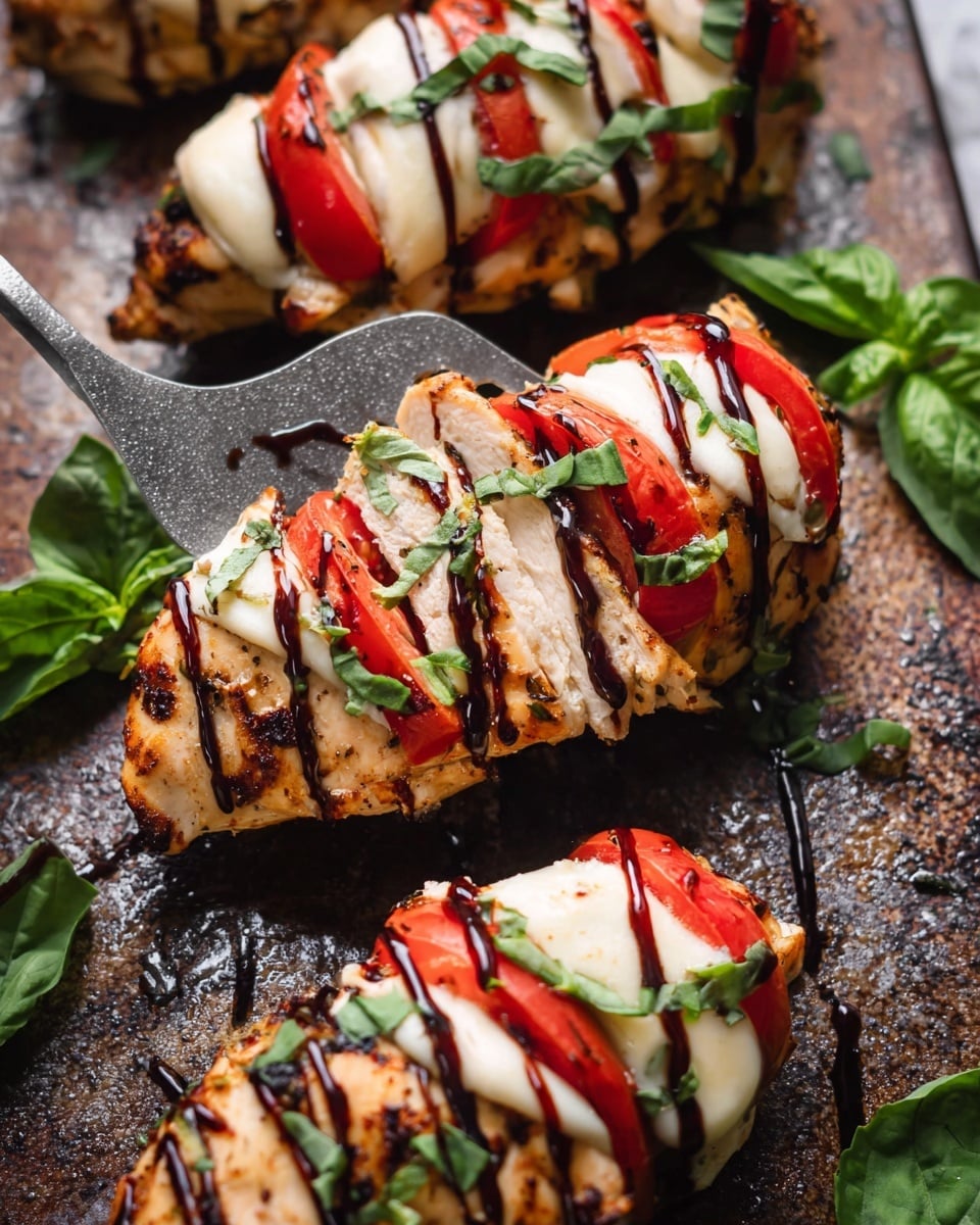 The image shows three pieces of chicken breasts sliced and layered with red tomato slices and white melted cheese, arranged evenly between each chicken slice. Dark balsamic glaze is drizzled over the tops, adding a shiny and thick texture. Green basil leaves are scattered on and around the chicken, adding a fresh touch. The chicken pieces rest on a dark, grilled metal surface with grill marks visible underneath. One piece is being lifted by a silver spatula, showing the layered structure clearly. The background has a white marbled texture. Photo taken with an iphone --ar 4:5 --v 7