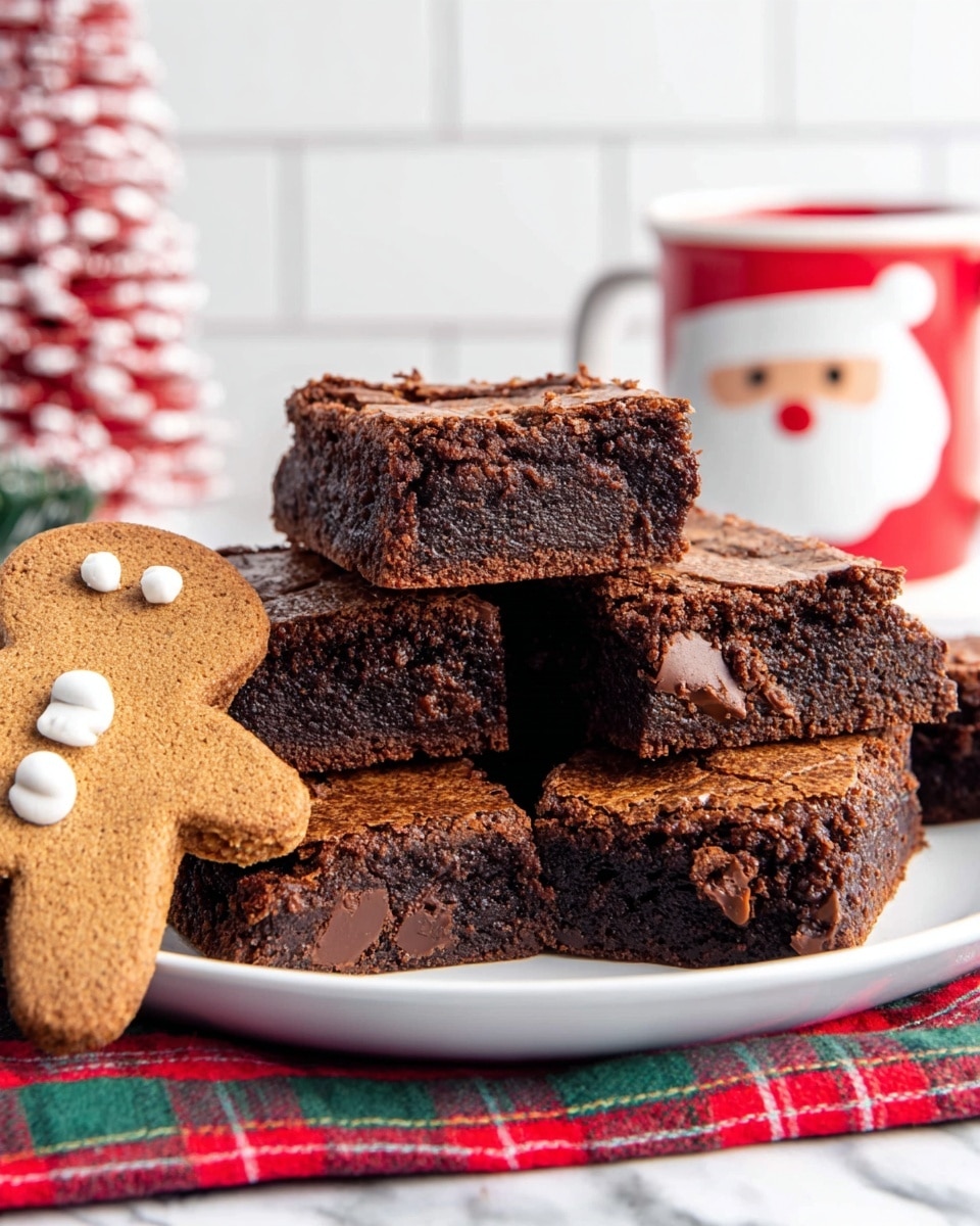 A white plate holds a stack of six thick, square-shaped chocolate brownies with a rich, dark brown color and an uneven top texture showing chocolate chunks inside each piece. The brownies are arranged in two layers: four pieces at the bottom and two stacked on top, with one piece slightly angled to reveal its fudgy inside. In the foreground, a gingerbread cookie shaped like a person with white icing buttons leans against the plate on a red and green plaid cloth. In the blurry background, a festive Santa Claus mug with a red-and-white striped handle is visible, all set against a white marbled surface and a white tiled wall. Photo taken with an iphone --ar 4:5 --v 7