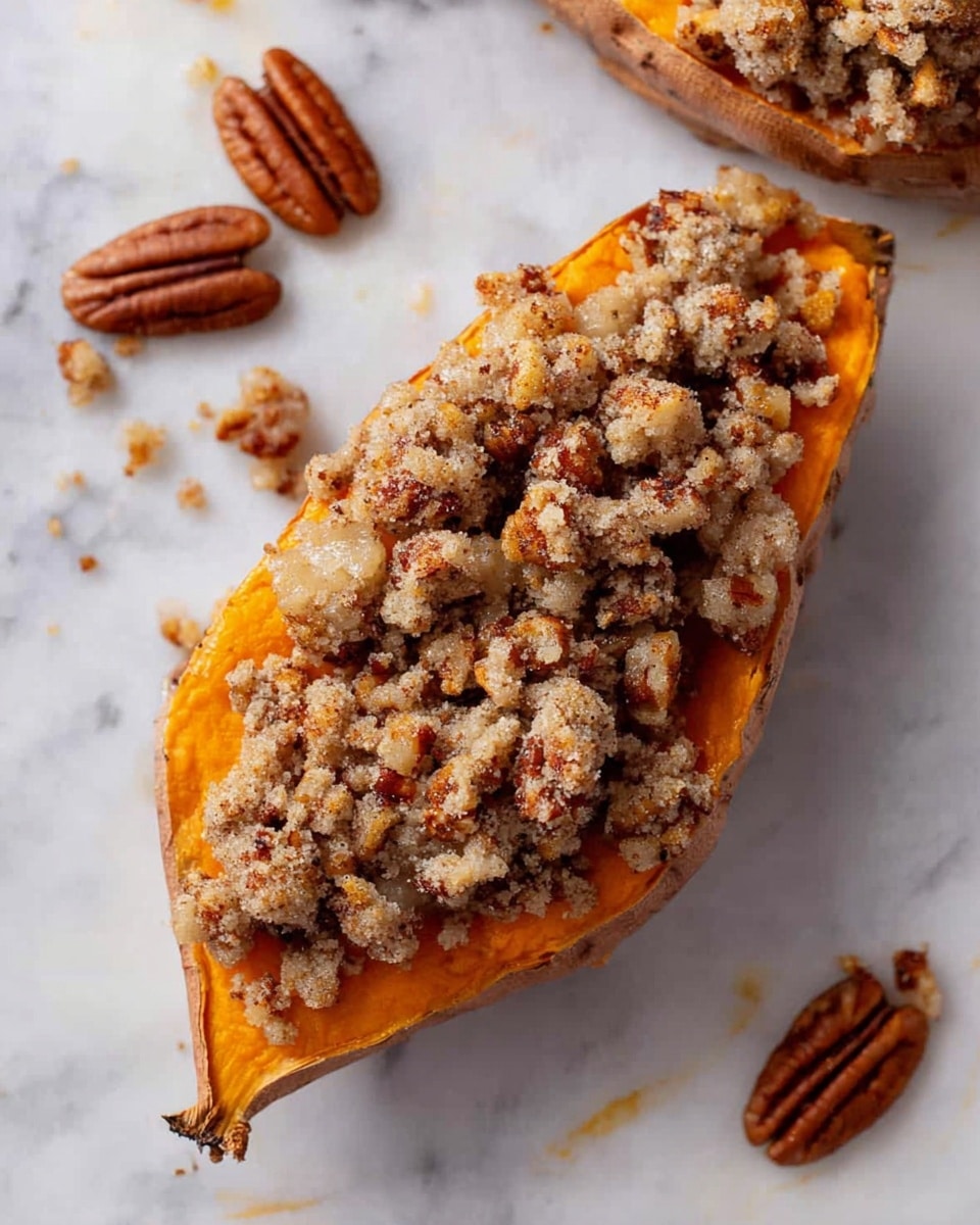 The image shows a baked sweet potato sliced in half on a white marbled surface, topped with a generous layer of pecan streusel. The bottom layer is the soft, bright orange sweet potato flesh with a smooth texture. On top, there is a thick, chunky layer of pecan pieces coated in a crumbly, light brown streusel mixture, giving a crunchy and textured look. There are a few loose pecan halves scattered on the white marbled surface around the sweet potato halves. The overall presentation highlights the contrast between the smooth orange sweet potato and the rough, nutty topping. Photo taken with an iphone --ar 4:5 --v 7
