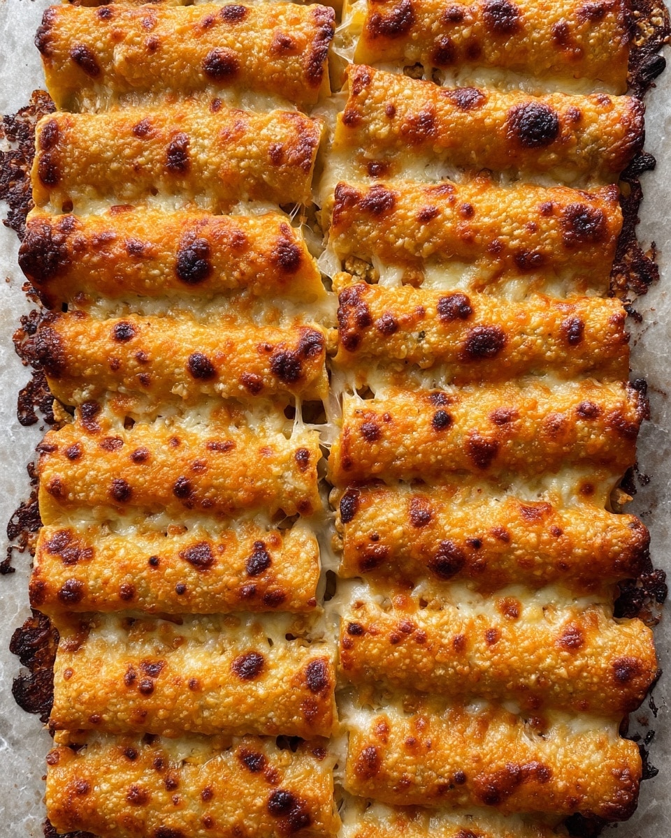 The image shows a baked dish made up of several rows of small, golden-brown, rolled pieces placed neatly on a white marbled textured flat surface. Each piece is covered with melted cheese that is bubbly and slightly crisp on top, giving a rich orange color with darker brown spots. The rolls sit closely together in evenly spaced rows, with visible melted cheese pooling between them and some browned, crispy bits around the edges. The texture looks crunchy and cheesy on the outside with hints of soft layers inside. photo taken with an iphone --ar 4:5 --v 7