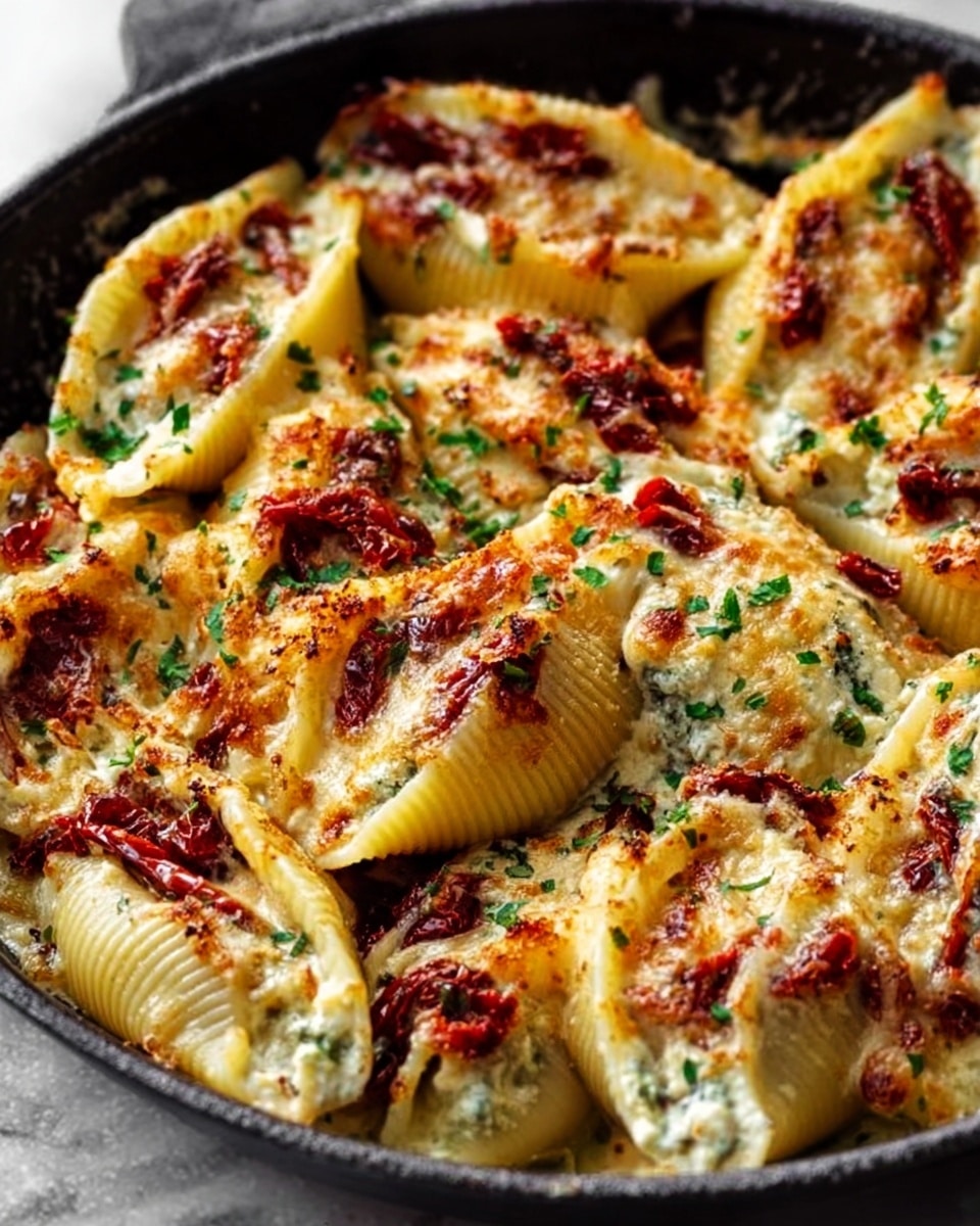 A close-up view of large pasta shells stuffed with a creamy white cheese filling, topped with melted golden brown cheese and scattered dark red sun-dried tomatoes. The shells are placed closely together in a black pan, showing some green chopped herbs sprinkled on top for color contrast. The pasta shells have a soft and slightly glossy texture with the cheese topping bubbling and slightly crisped at the edges, all set against a white marbled surface. photo taken with an iphone --ar 4:5 --v 7