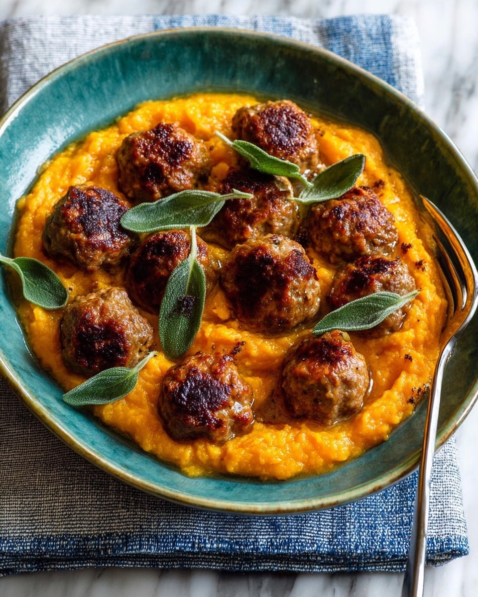 A turquoise bowl filled with a bright orange creamy base, likely mashed squash or sweet potatoes, spread evenly to cover the bottom. On top, there are nine browned meatballs with a crispy, slightly shiny outer texture, arranged in a circle with one in the center. Scattered loosely over the meatballs and puree are fresh green sage leaves, adding contrast. A silver fork rests on the puree at the lower right side of the bowl. The bowl sits on a folded blue and white cloth on a white marbled surface. Photo taken with an iphone --ar 4:5 --v 7