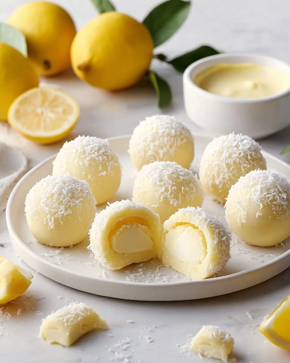 A white plate on a white marbled surface holds ten small round balls of smooth pale yellow dessert, each topped with a light dusting of white coconut flakes. Two of the balls in the front are cut open, showing a creamy, soft, and slightly textured pale yellow filling inside. Around the plate, there are small pieces of the dessert and whole yellow lemons with green leaves in the background, adding a fresh and natural feel. A small white bowl with a creamy yellow sauce is placed nearby, complementing the scene. photo taken with an iphone --ar 4:5 --v 7