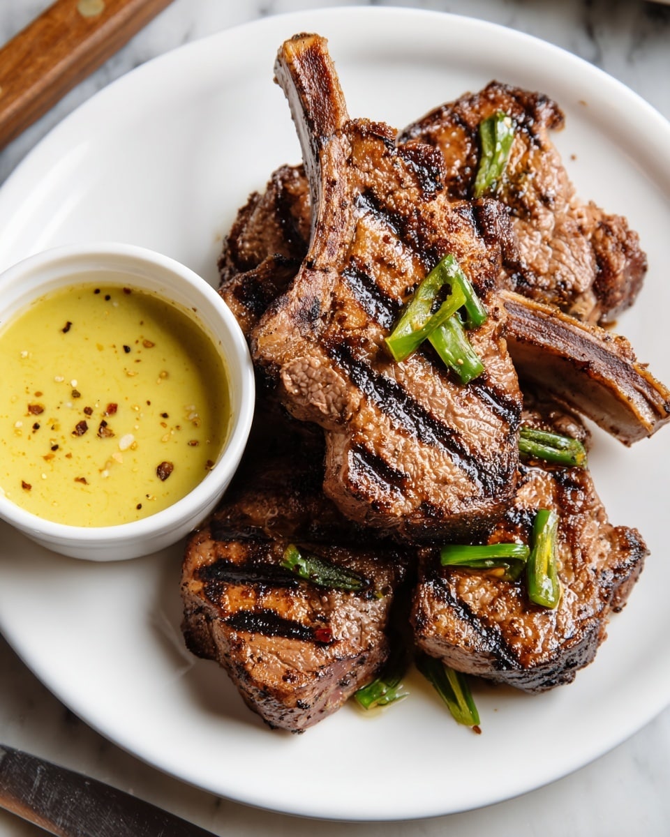 A white plate holds five grilled lamb chops stacked in the center, each chop showing dark brown grill marks across the caramelized, textured meat. Small pieces of green chili are scattered on and around the chops. On the left side of the plate, there is a small white bowl filled with a smooth, creamy yellow sauce, speckled with black pepper and garnished with bits of green chili. The setting is on a white marbled surface with a knife placed nearby. photo taken with an iphone --ar 4:5 --v 7
