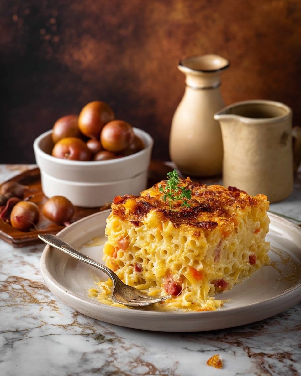 A close-up of a thick square slice of baked macaroni and cheese placed on a white plate, showing one layer of creamy yellow pasta mixed with small bits of orange carrot and red ham, topped with a browned, crispy layer of melted cheese with a small green herb garnish on top. A silver fork rests on the plate near the front corner of the slice, with some crumbs and melted cheese around the slice. In the background on the white marbled surface, there is a small white bowl filled with small, round brown fruits with stems and a beige ceramic pitcher. The setting has a warm and rustic feel, with a blurred brown and black background. Photo taken with an iphone --ar 4:5 --v 7