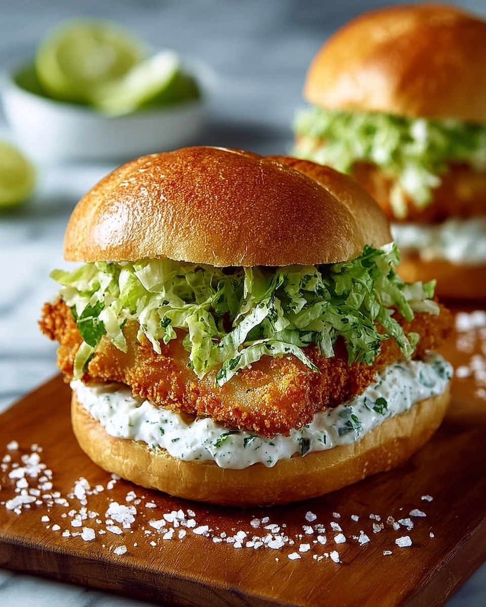 The image shows a sandwich with three clear layers on a white bread roll, placed on a wooden board. The bottom layer consists of fresh, green shredded lettuce. Above the lettuce is a thick, crispy fried fish fillet with a golden-brown crunchy texture. The top layer contains a creamy white sauce mixed with small green herbs, spread over the fish. The sandwich top is slightly glossy with a light sprinkle of chopped herbs and coarse salt, giving it a fresh and flavorful look. Photo taken with an iphone --ar 4:5 --v 7