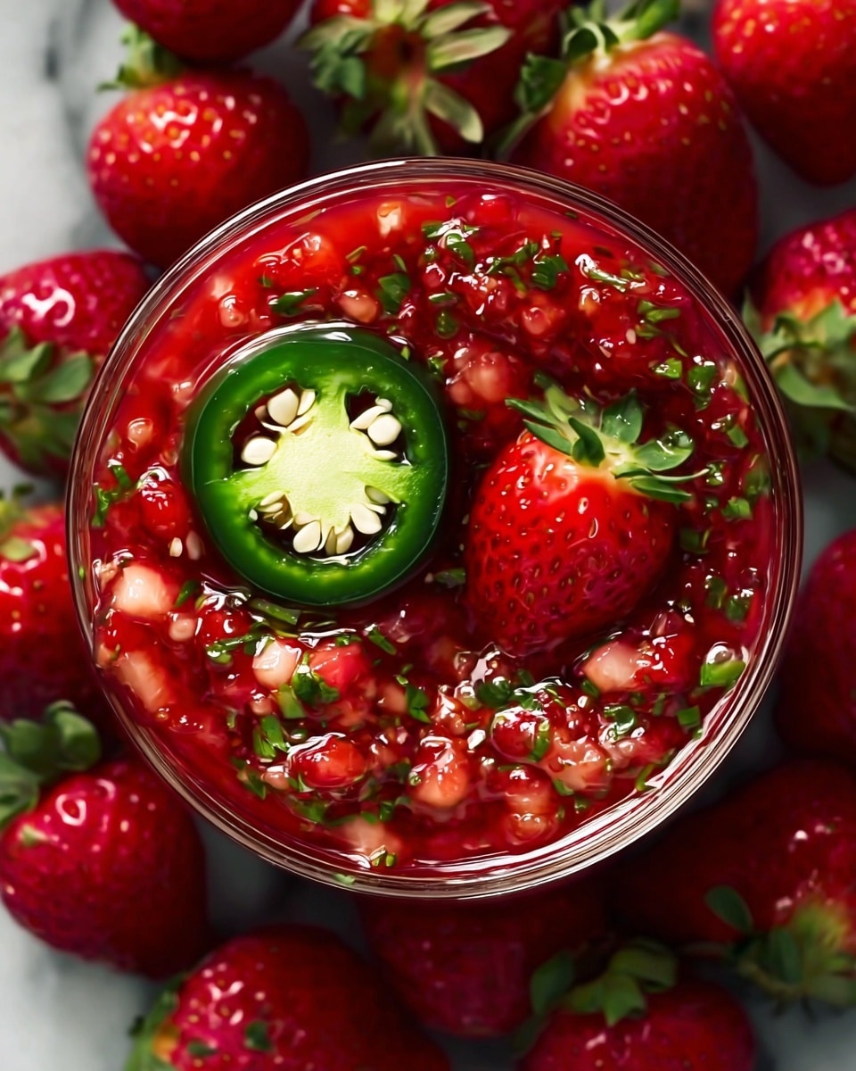 The image shows a clear round glass bowl filled with bright red strawberry salsa. The salsa has small pieces of red strawberries mixed with finely chopped green herbs, creating a fresh, textured look. On top of the salsa, there is a thick slice of green jalapeño pepper with visible seeds and a half strawberry that is shiny and juicy. The bowl is surrounded closely by whole red strawberries with green leafy tops, all placed on a white marbled surface. photo taken with an iphone --ar 4:5 --v 7