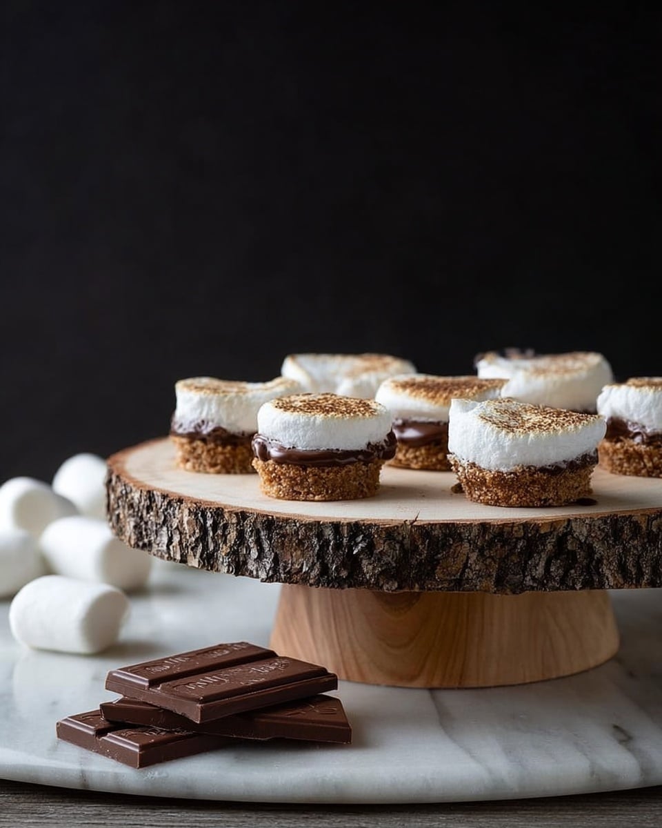 A wooden plate with bark edges is raised on a short stand, placed on a white marbled surface. On the plate, there are several small round treats showing three clear layers: a rough, crumbly textured brown base, a middle layer of melted chocolate mostly covered by the top, and at the top, a toasted, slightly golden white marshmallow layer with some melting. Next to these treats, on the left side of the plate, lies a small stack of milk chocolate bars with a smooth and shiny finish. Around the plate, there are large white marshmallows resting on the white marbled surface. The background is very dark, making the plate and treats stand out sharply. Photo taken with an iphone --ar 4:5 --v 7