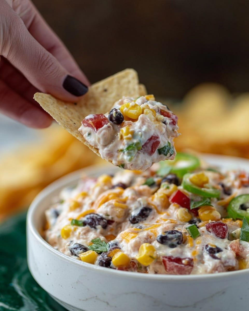 The image shows a close-up of a woman's hand holding a light-colored tortilla chip topped with a creamy dip. The dip is mixed with colorful ingredients including red diced tomatoes, black beans, yellow corn kernels, small green pepper pieces, and shredded cheese, all coated in a creamy white sauce. Below, there is a white bowl filled with the same dip, showing a rough texture with visible layers of beans, corn, cheese, and pepper bits spread evenly. The background is blurred but features a green object with a white marbled surface beneath the bowl. photo taken with an iphone --ar 4:5 --v 7