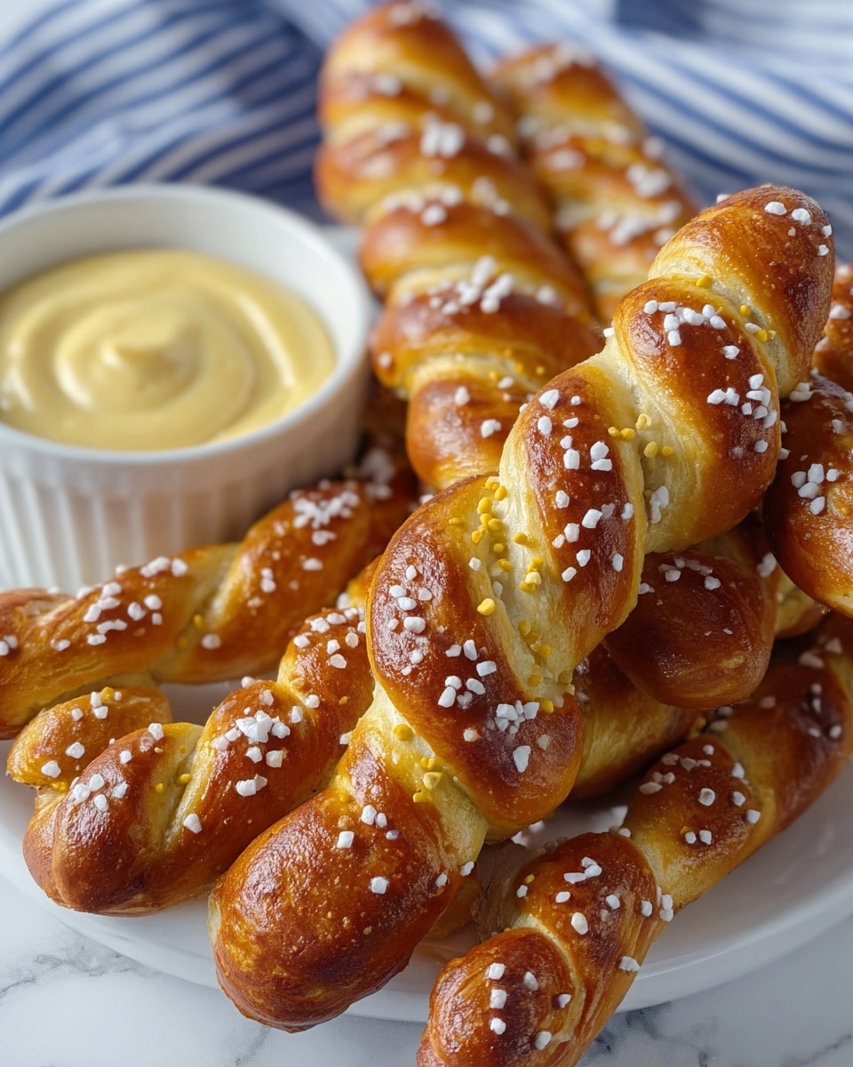 The image shows several golden brown twisted pretzel sticks with a shiny surface covered in large white salt crystals and a few yellow mustard seeds scattered on top. The pretzels are placed on a white plate, and behind them is a white bowl filled with pale yellow mustard sauce with a smooth texture. The background is a white marbled surface partially covered with a blue striped cloth. photo taken with an iphone --ar 4:5 --v 7