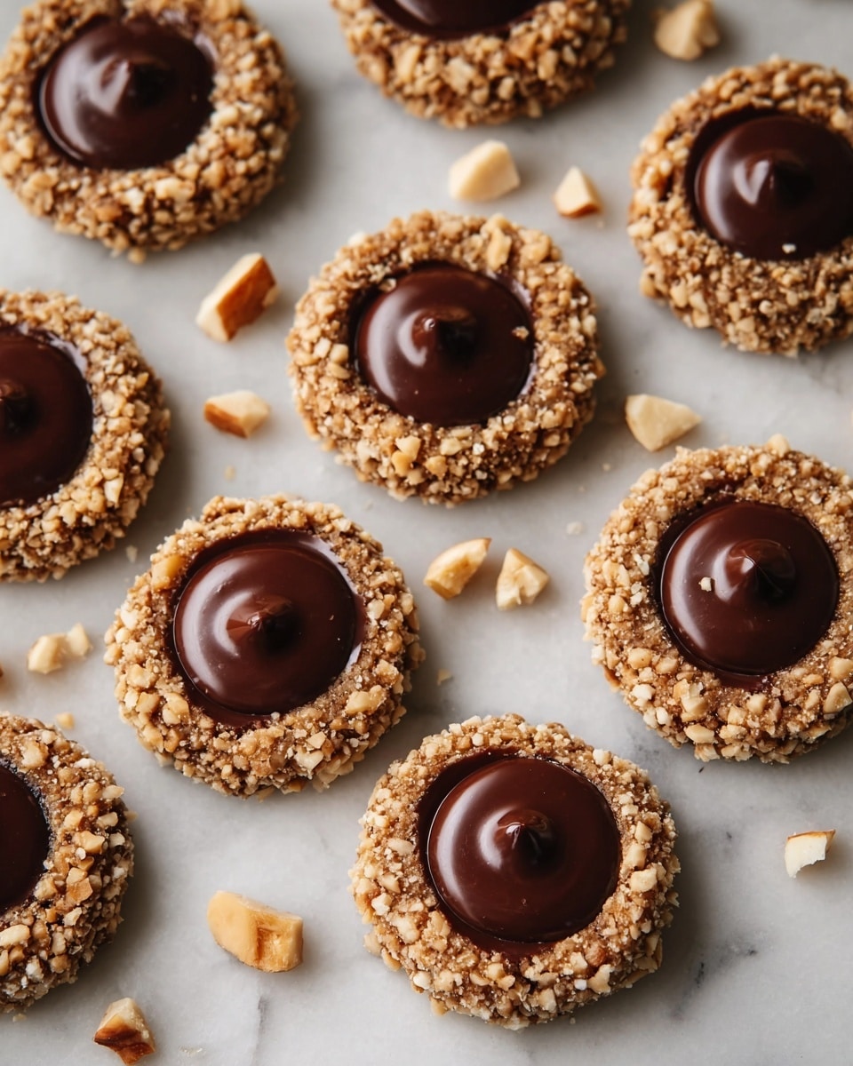 The image shows multiple small round cookies placed on a white marbled surface. Each cookie has two layers: the outer layer is coated with chopped nuts, creating a rough and textured light brown edge, while the center is filled with a smooth, glossy dark chocolate circle that has a slight dimple in the middle. The cookies are arranged loosely with some pieces of chopped nuts scattered around them. The overall look is neat and clean with a focus on the contrast between the crunchy nut layer and the shiny chocolate center. Photo taken with an iphone --ar 4:5 --v 7
