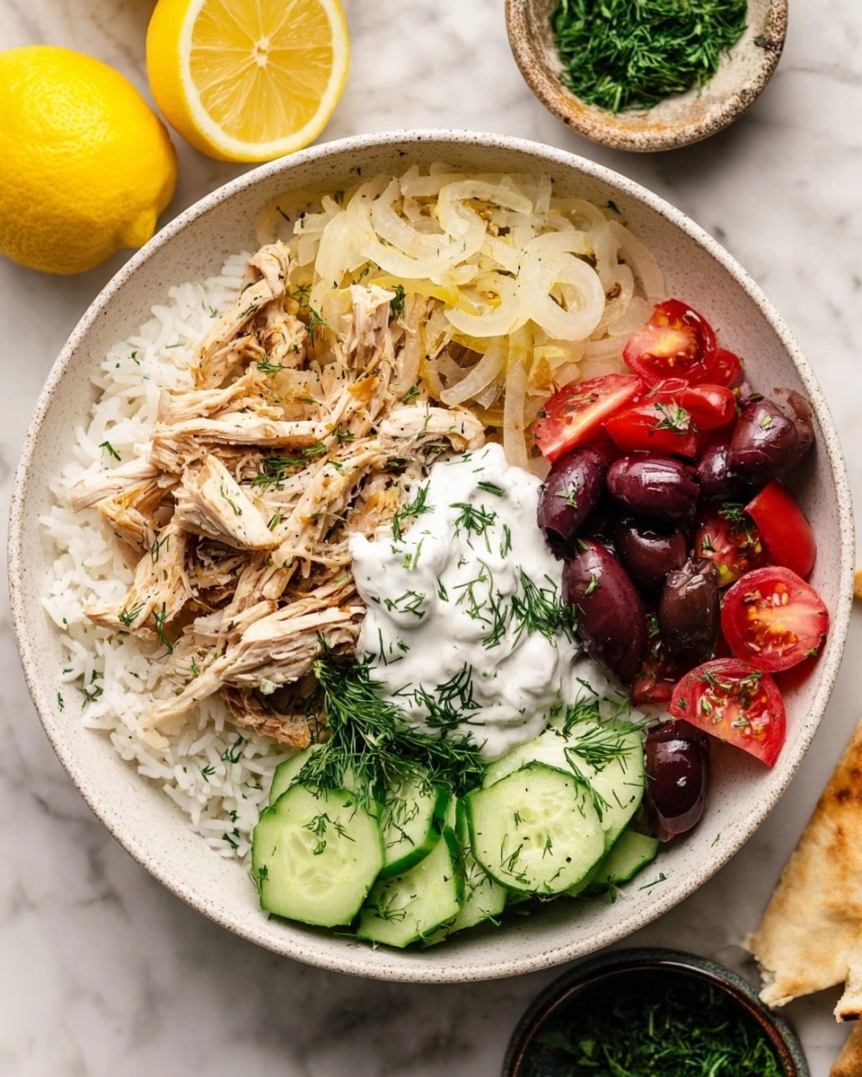 A white bowl sits on a white marbled surface, filled with four main layers arranged side by side. In one area, there is soft white rice forming the base. On top of the rice to the left, light golden cooked onions mix with shredded, tender light brown chicken sprinkled with herbs. Below the chicken and onions, there are chunks of bright red tomatoes and dark purple olives. To the right of the tomatoes and olives, thin slices of fresh green cucumber are placed, some also garnished with small sprigs of fresh dill. Next to the cucumbers is a generous dollop of white creamy sauce topped with chopped green dill. Around the bowl, there are halved yellow lemons and a small bowl of chopped herbs. Photo taken with an iphone --ar 4:5 --v 7