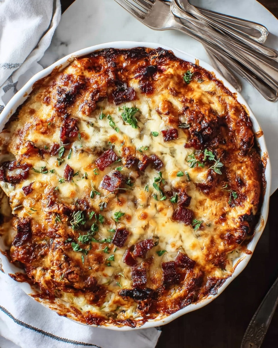 A round dish shows a baked casserole with a golden brown top layer of melted cheese that is bubbly and slightly crispy in spots. Underneath the cheese layer, there are visible chunks of dark red cooked meat scattered throughout, along with some green herbs sprinkled on top for color. The cheese has browned in uneven patches, giving a textured look to the surface. The edges of the casserole dish are just visible, with a thin, creamy layer hiding slightly underneath the cheese. The dish is placed on a white marbled surface with a white cloth nearby and some silver forks in the background. photo taken with an iphone --ar 4:5 --v 7