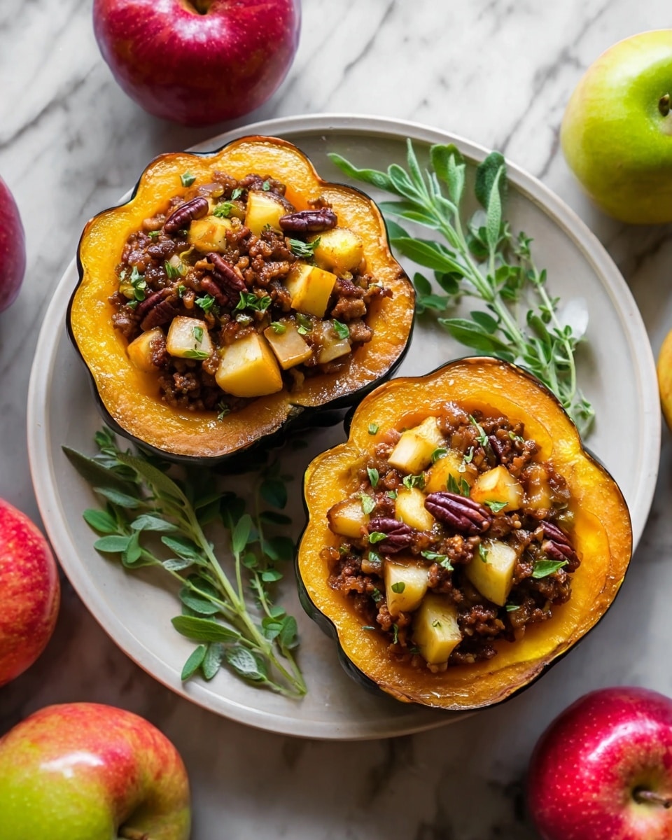 Two roasted acorn squash halves sit on a white plate placed on a white marbled surface, each filled with several layers: the bottom layer is the bright, smooth orange flesh of the squash, topped with a chunky mixture of browned ground meat or sausage, small golden-brown cooked apple cubes, and dark brown pecans. Bright green herb sprigs decorate each squash half, adding a fresh touch. Around the plate are whole red and green apples and sprigs of herbs, giving a fresh and natural feeling. The photo taken with an iphone --ar 4:5 --v 7