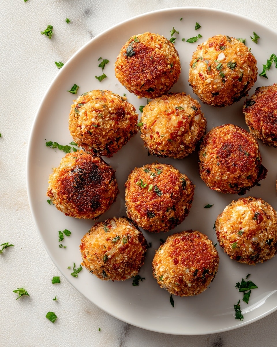 A white plate on a white marbled surface holds twelve round, golden brown fried balls arranged mostly in rows. Each ball has a rough, crispy outside texture with bits of red, green, and white ingredients visible inside the coating. Scattered around the plate and on the surface are small green herb pieces, adding fresh green color accents. The lighting is soft, highlighting the crunchy texture of the balls. photo taken with an iphone --ar 4:5 --v 7