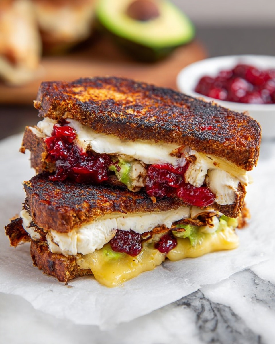 The image shows a grilled sandwich cut in half, served on white parchment paper over a white marbled surface. The sandwich has two thick slices of toasted bread with a dark brown, crispy, and slightly charred crust. Inside, the bottom layer is melted yellow cheese with a creamy texture, topped with a thick layer of white soft cheese. Above the white cheese is a layer of bright red cranberry sauce, and bits of green avocado are visible beneath it. The sandwich halves are slightly pulled apart, revealing the gooey melted cheese and filling inside, with a blurred background showing half an avocado and a white bowl of cranberry sauce. Photo taken with an iphone --ar 4:5 --v 7