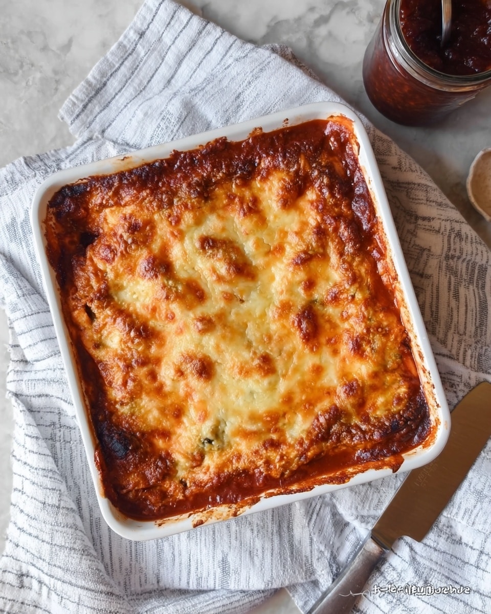 A baked dish in a white square ceramic baking pan with browned and bubbly golden cheese covering the top layer. The top layer has an uneven texture with some darker toasted spots along the edges and melted cheese showing hints of a creamy and slightly crusty surface. Underneath, deep red sauce can be seen bubbling through the edges, suggesting a rich tomato base. The pan is placed on a striped white and gray cloth over a white marbled textured surface. A knife and a glass jar with dark red sauce sit nearby in soft natural light. Photo taken with an iphone --ar 4:5 --v 7
