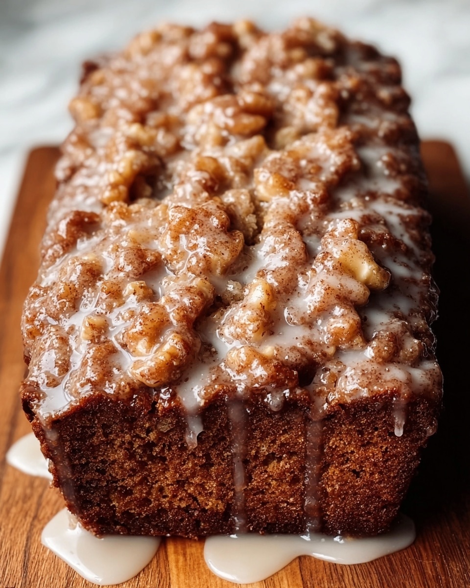 A close-up of a single rectangular loaf cake with a rich, dark brown crumb topped with uneven clusters of cinnamon sugar and walnut pieces, all covered in a shiny, slightly translucent white glaze that drips down the sides. The texture on top looks crunchy and sticky, contrasting with the softer inner cake underneath. The loaf sits on a white marbled surface, with some glaze drips pooling around its base, adding a wet, glossy detail to the rustic appearance. Photo taken with an iphone --ar 4:5 --v 7