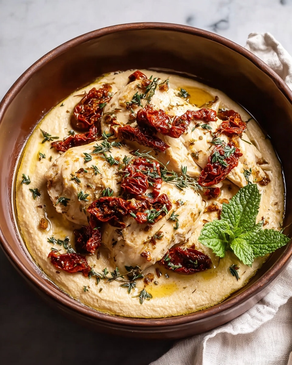 A brown bowl holds a dish with three pieces of tender cooked chicken layered on top of a creamy, pale beige base. The chicken is topped with a generous amount of sun-dried tomatoes, which are deep red and slightly wrinkled, and sprinkled with finely chopped green herbs. The dish has a light drizzle of oil giving a slight shine, and there is a small sprig of fresh mint placed on the side inside the bowl. The bowl sits on a white marbled surface with a pure white cloth partially seen beside it. Photo taken with an iphone --ar 4:5 --v 7