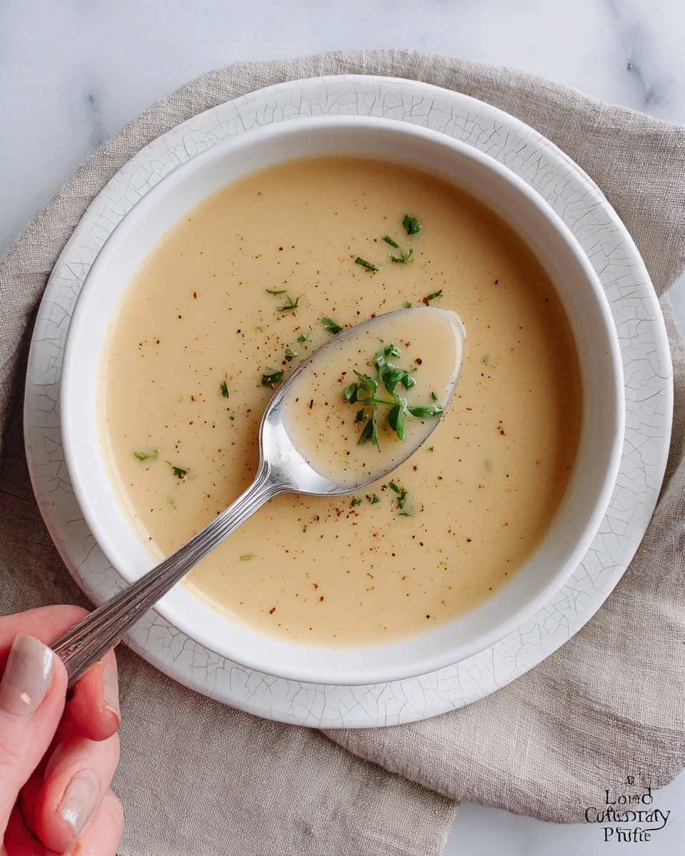 A white bowl filled with smooth, creamy beige soup, topped with small green herb pieces and a sprinkle of ground black pepper; a silver spoon with soup inside is held by a woman's hand just above the bowl. The bowl sits on a white plate with a cracked pattern, placed on a beige cloth over a white marbled surface. Photo taken with an iphone --ar 4:5 --v 7