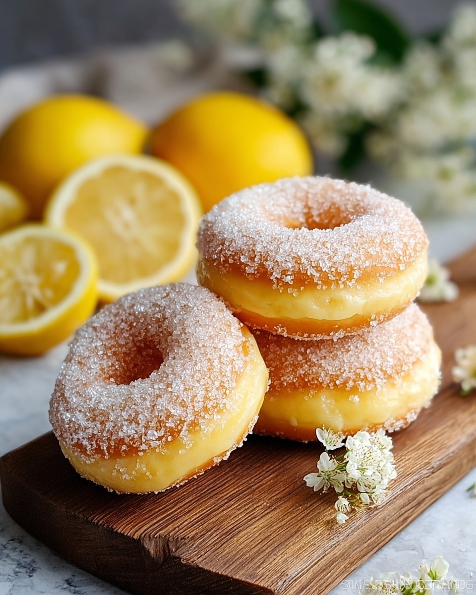 Three golden yellow doughnuts covered in large sugar crystals are stacked two on the right side and one leaning against them on the left, all placed on a rustic wooden board. Bright yellow lemon slices and whole lemons are softly blurred in the background, along with small white flowers, adding a fresh and natural touch. The surface beneath is changed to a white marbled texture. The doughnuts have a lightly browned base and soft, textured tops dusted in sparkling sugar crystals. Photo taken with an iphone --ar 4:5 --v 7