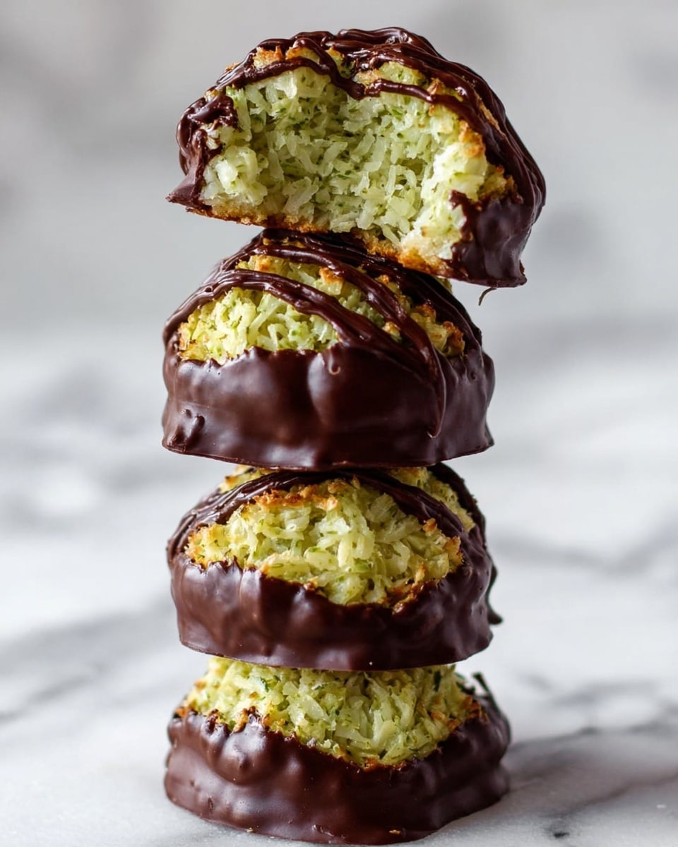 The image shows a stack of four round green coconut macaroons with a coarse texture, each dipped halfway in dark chocolate that forms a thick base and drips slightly down the sides, with chocolate thinly drizzled on the top green layer. The top macaroon is cut in half, revealing a dense, moist interior filled with shredded coconut. The stack is balanced vertically on a white marbled surface. Photo taken with an iphone --ar 4:5 --v 7
