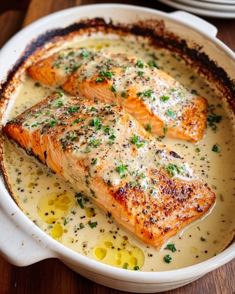 A white oval baking dish holds a piece of cooked salmon fillet cut into three parts side by side. The salmon is a bright orange color with a slightly charred and crispy surface, topped with a creamy light beige sauce speckled with black pepper and finely chopped green herbs scattered on top and around. The sauce pools around the salmon, showing some glistening yellow oil droplets. The baking dish has browned edges where the sauce has cooked, set on a wooden surface with a white marbled texture visible near the edges. Photo taken with an iphone --ar 4:5 --v 7