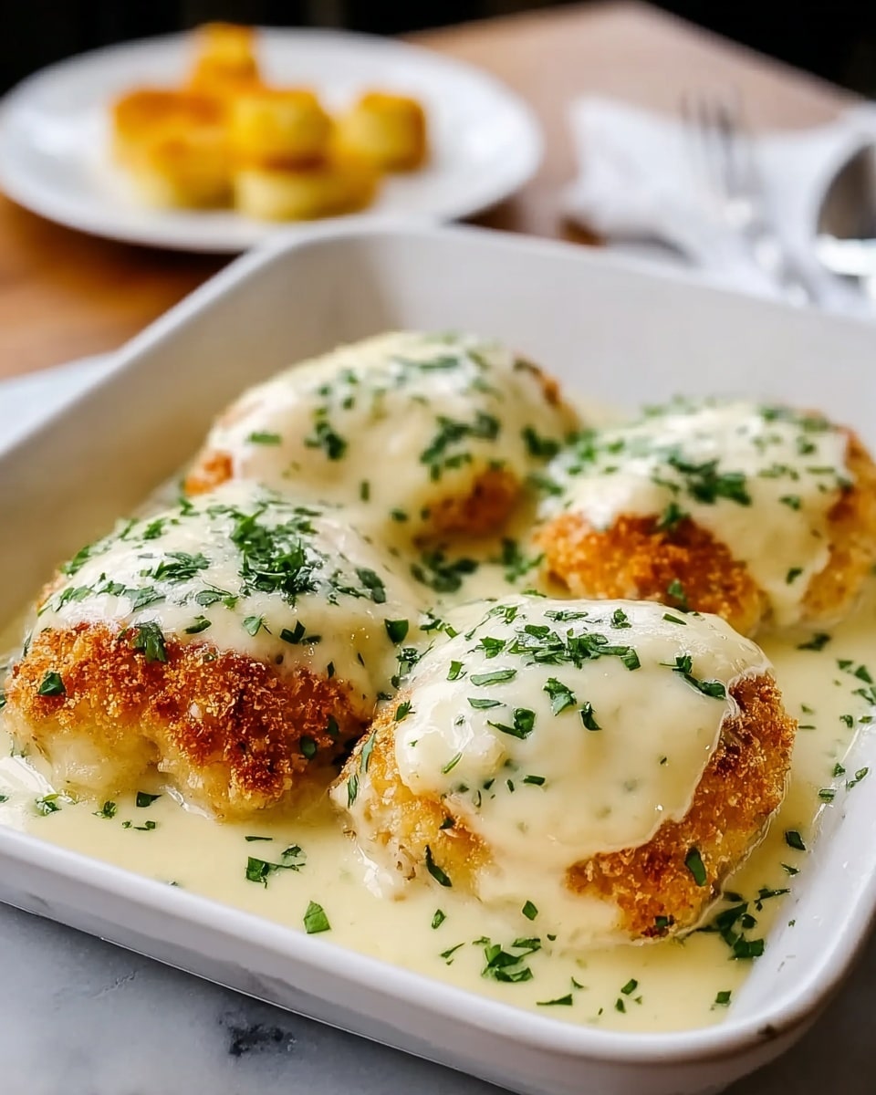 The image shows a white rectangular dish with four pieces of crispy, golden-brown chicken breasts covered in smooth, creamy yellow sauce that pools around the base. Each chicken piece is topped with a layer of melted cheese, which is glossy and slightly thick, sprinkled with finely chopped green herbs. The dish is placed on a wooden table with part of a gray cloth visible on one side and a blurred white plate with yellow food in the background. Photo taken with an iphone --ar 4:5 --v 7