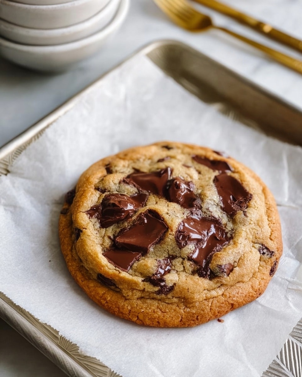 A single large chocolate chip cookie rests on a sheet of white parchment paper atop a baking tray with a zigzag pattern. The cookie is golden brown with soft, chewy texture and is dotted generously with large, glossy dark chocolate chunks that have slightly melted into the surface. The cookie's edges are slightly thicker and darker, showing a baked firmness, while the center is plump and soft, showcasing a warm, inviting look. In the background, there is a stack of white bowls with gold cutlery inside, placed on a white marbled surface. Photo taken with an iphone --ar 4:5 --v 7