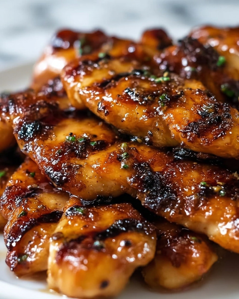 The image shows a close-up of several pieces of grilled chicken arranged tightly together. The chicken has a golden brown color with dark char marks and a shiny glaze that makes it look juicy. Small bits of herbs and seasoning are scattered on the surface, adding texture and color. The chicken pieces are placed on a white plate, with the background showing a white marbled texture. The lighting highlights the moist and tender texture of the grilled chicken. photo taken with an iphone --ar 4:5 --v 7